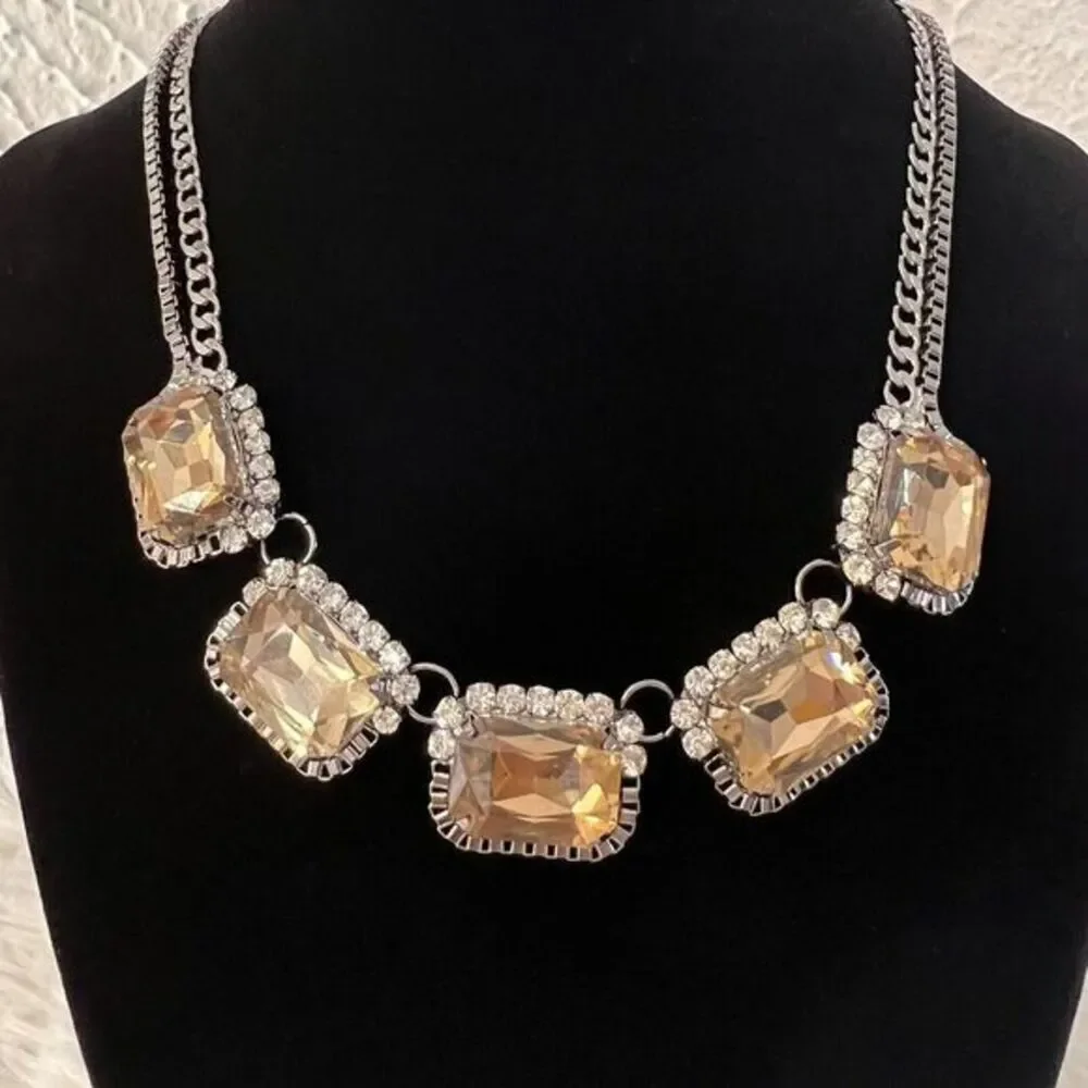 FAUX CITRINE RHINESTONE GLASS SILVER TONE CHOKER DOUBLE CHAIN NECKLACE 16.5
